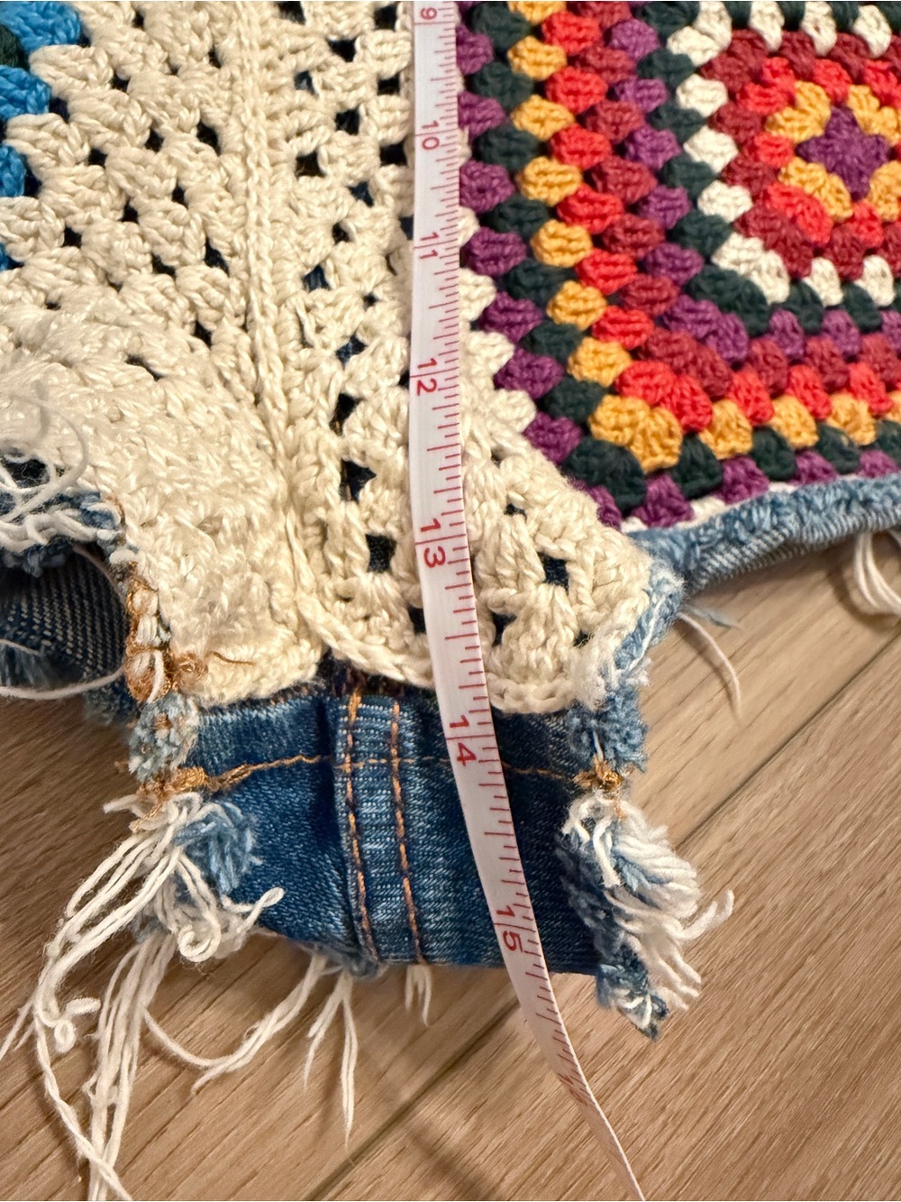 Farm Rio for Anthro Multicolor Crochet Patch High-Rise 100% cotton Denim Shorts - Picture 7 of 11